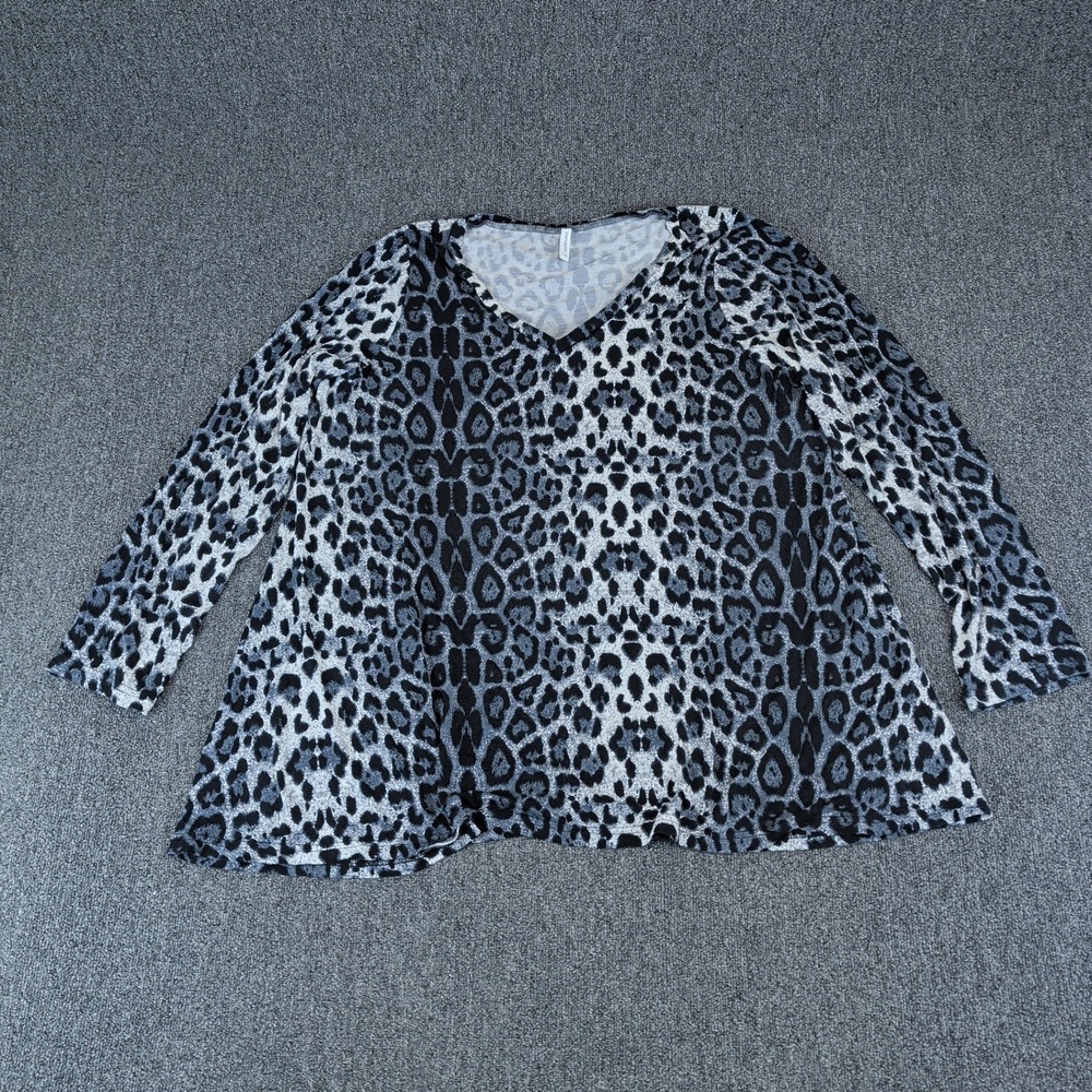 POPYOUNG Modern Leopard Print Tunic Top Women 3XL Grey Black V-Neck Flare Hem‎